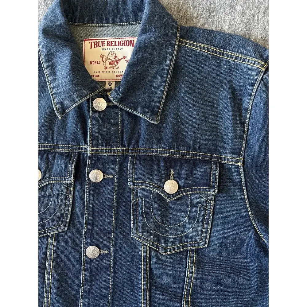 True Religion World Tour Jimmy Super T Blue Jean Jacket Mens Sz M Dark Wash Blue
